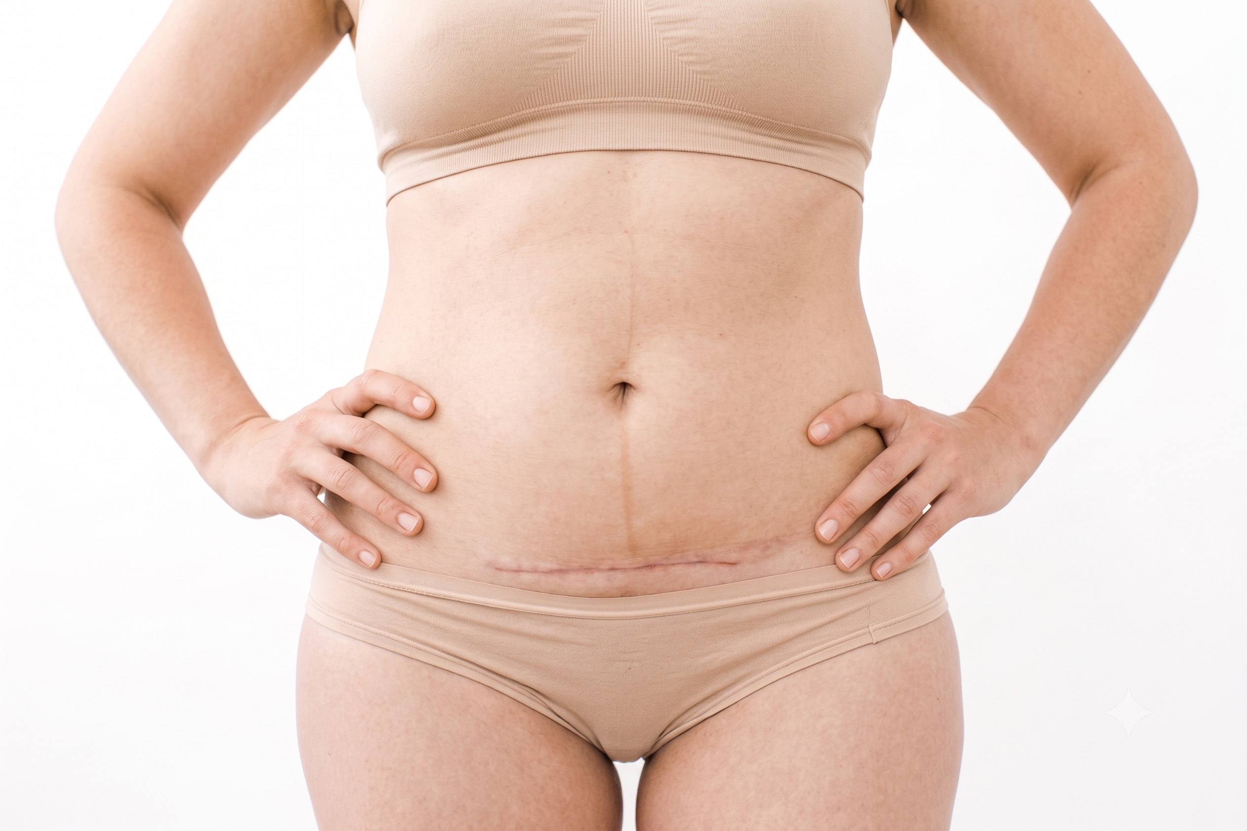 A close-up of a woman's abdomen showing a noticeable scar.